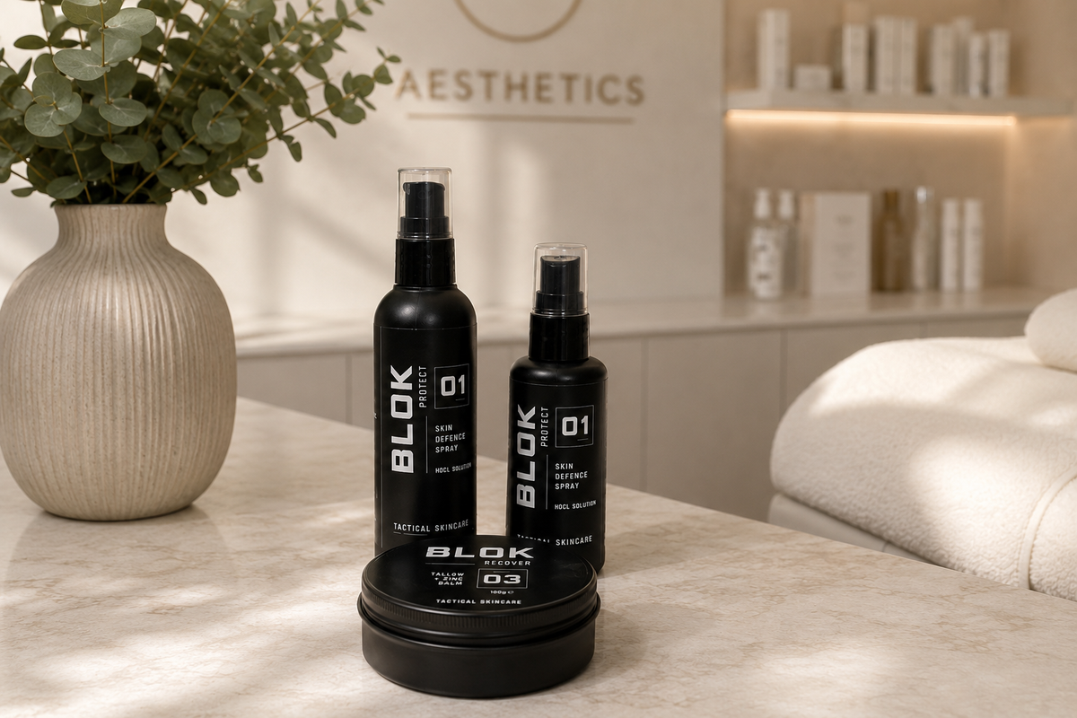 BLOK 01 PROTECT hypochlorous acid skin defence spray in an aesthetics setting